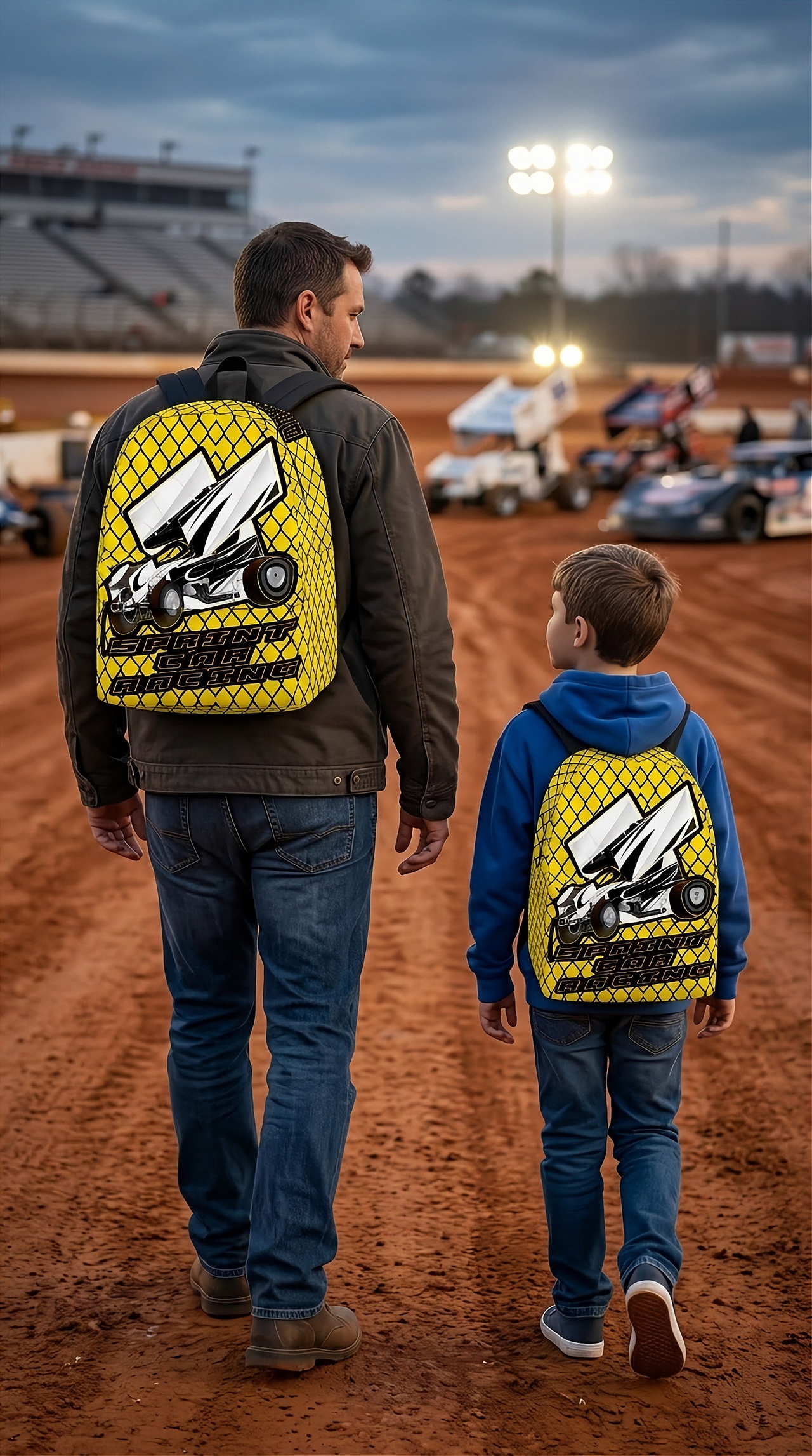 Custom personalized yellow dirt track racing backpack featuring an aggressive winged sprint car graphic for motorsports fans.