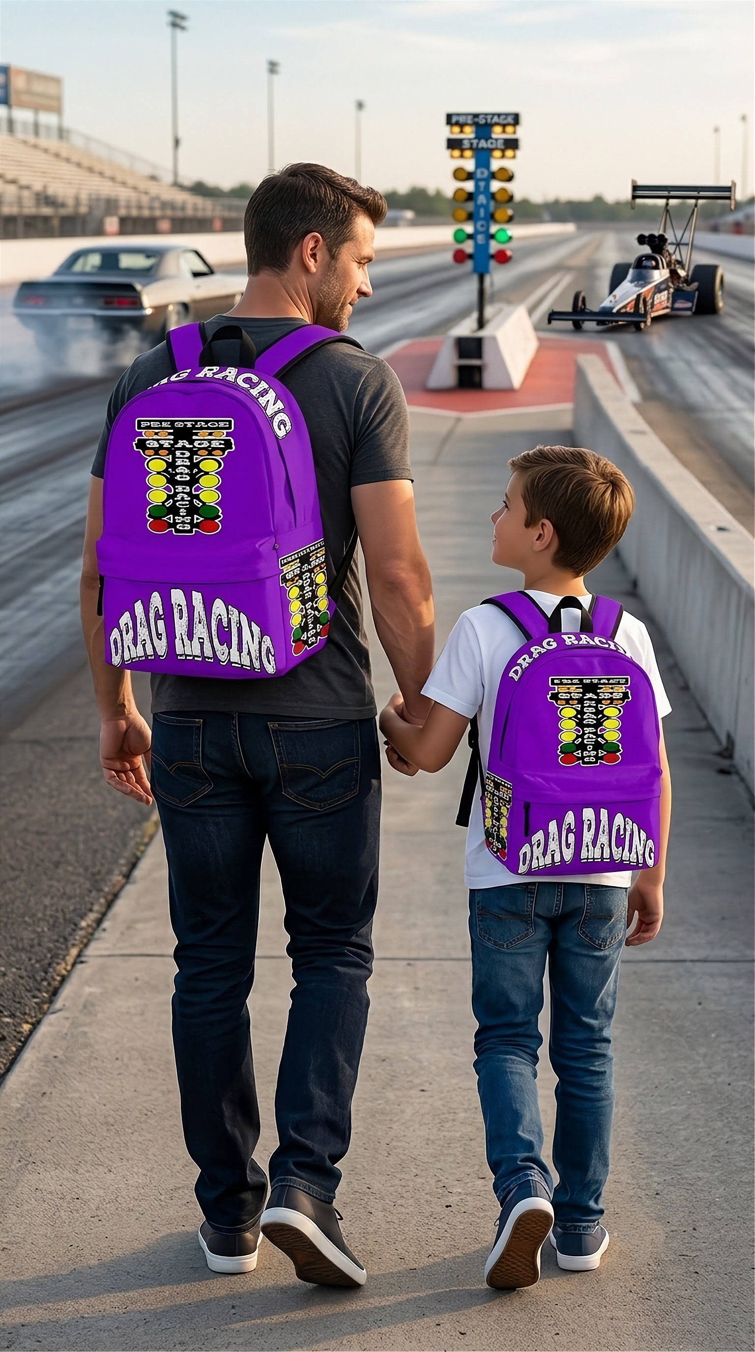 A vibrant purple custom racing backpack featuring a bold graphic of two dragsters launching off the starting line side-by-side, equipped with thick padded black ergonomic shoulder straps and a front zippered utility pocket, isolated on a stark white background.