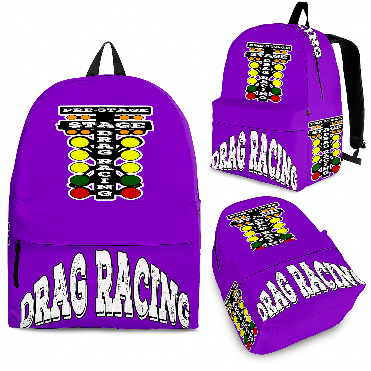 A drag racing fan wearing a bright purple motorsport backpack, standing behind the burnout box at a quarter-mile drag strip as thick white tire smoke fills the air under the stadium lights.
