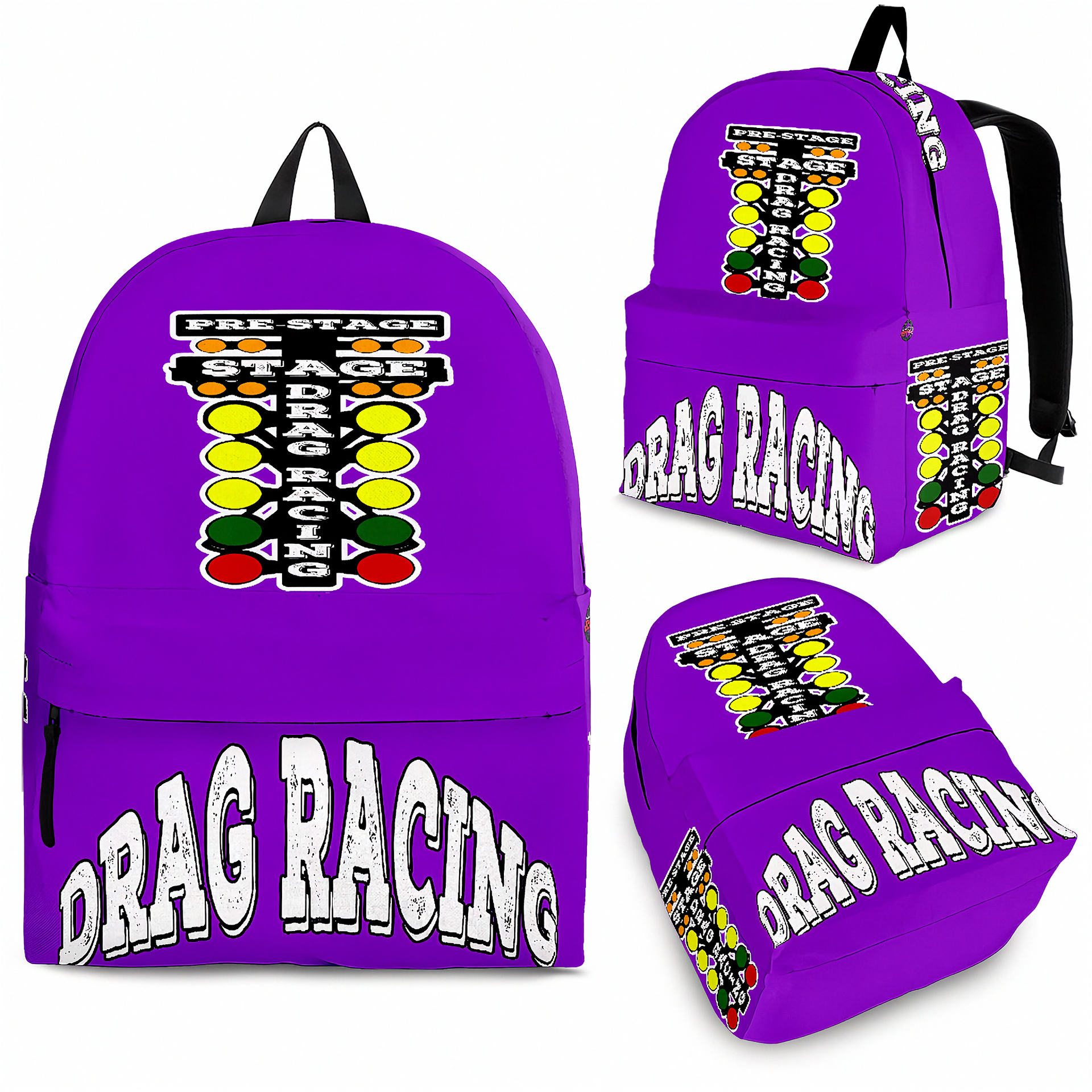 A drag racing fan wearing a bright purple motorsport backpack, standing behind the burnout box at a quarter-mile drag strip as thick white tire smoke fills the air under the stadium lights.