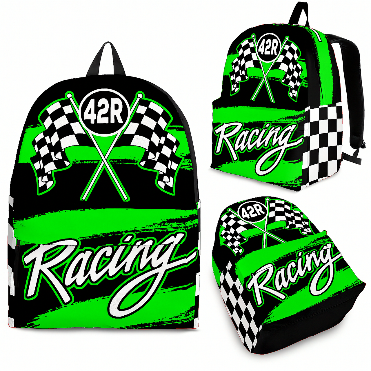 A fully customized motorsport racing backpack displaying the personalized driver number "N42R" in sharp, high-contrast typography, complete with heavy-duty black hardware, padded ergonomic shoulder straps, and a front organizational pocket isolated on a white background.