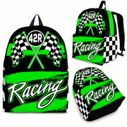 A fully customized motorsport racing backpack displaying the personalized driver number "N42R" in sharp, high-contrast typography, complete with heavy-duty black hardware, padded ergonomic shoulder straps, and a front organizational pocket isolated on a white background.