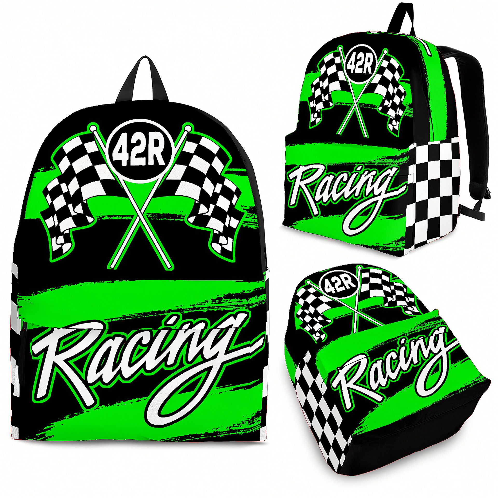 A fully customized motorsport racing backpack displaying the personalized driver number "N42R" in sharp, high-contrast typography, complete with heavy-duty black hardware, padded ergonomic shoulder straps, and a front organizational pocket isolated on a white background.