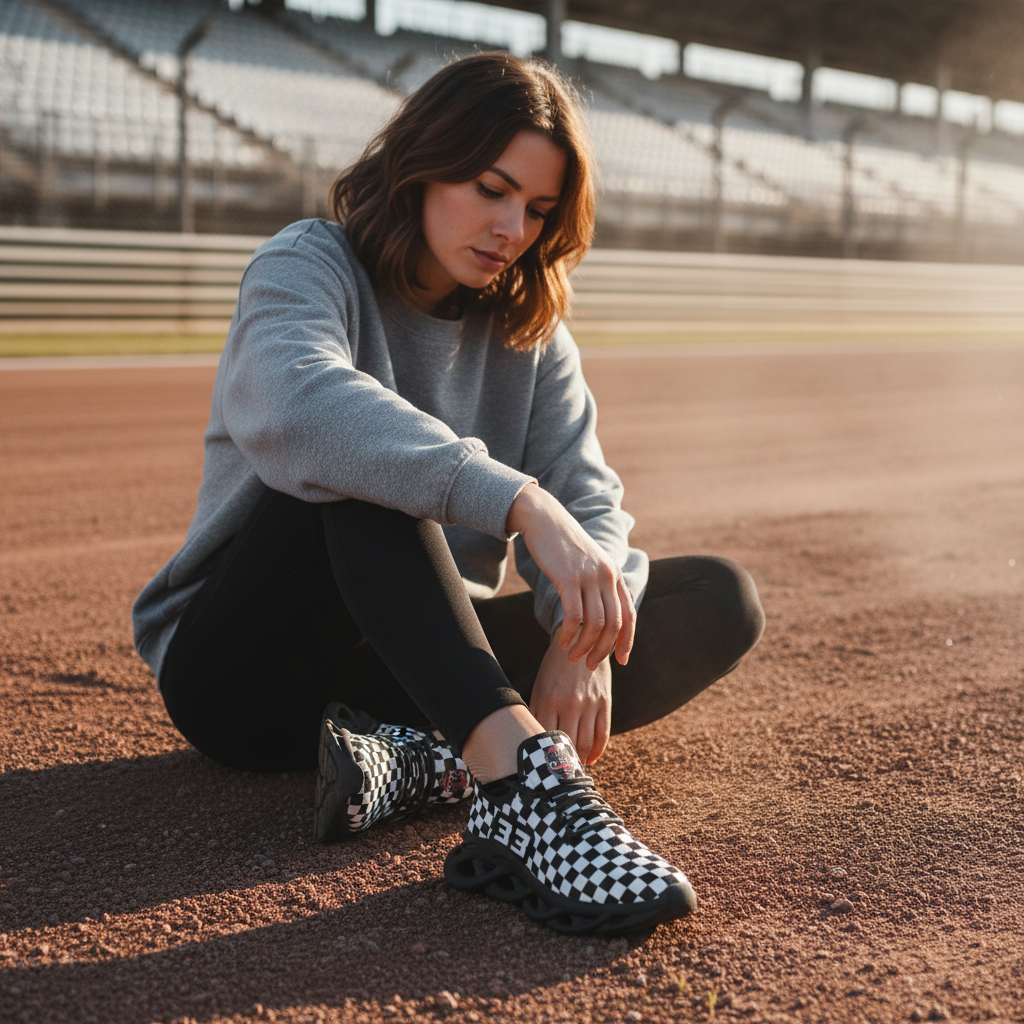 woman sitting at a dirt track wearing a grey sweatshirt with a custom checkered shoes