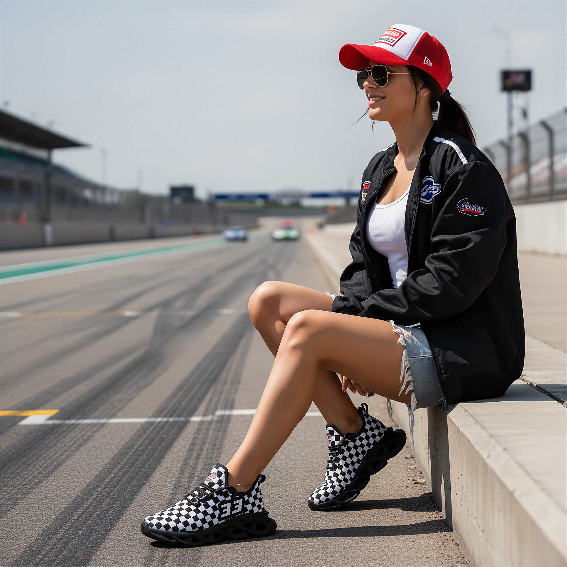 woman sitting at a race track wearing a back jacket with a custom checkered shoes number 33