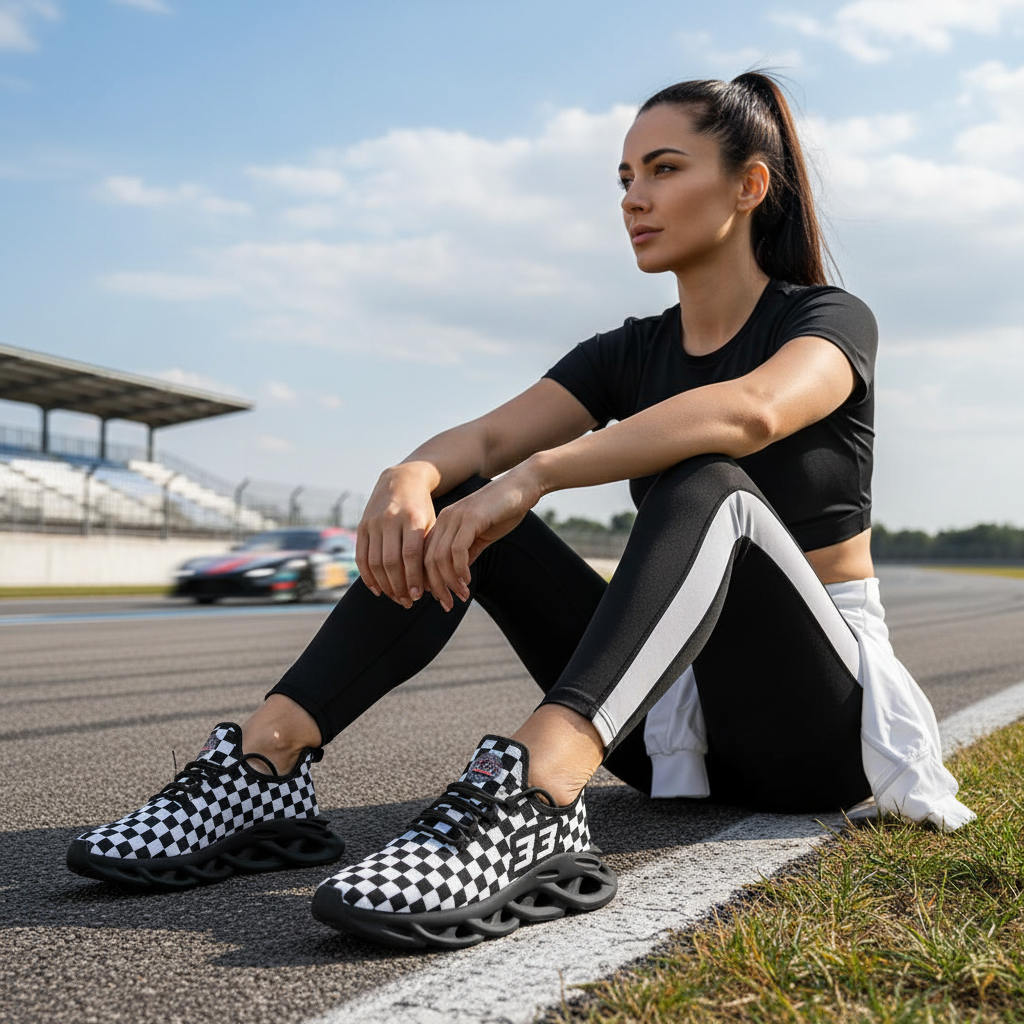 woman sitting at a race track wearing a back t-shirt with a custom checkered shoes number 33