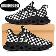 Custom Racing Checkered M-Sole Sneakers in a low top trainer style featuring breathable mesh and high-traction EVA outsoles for motorsports fans.