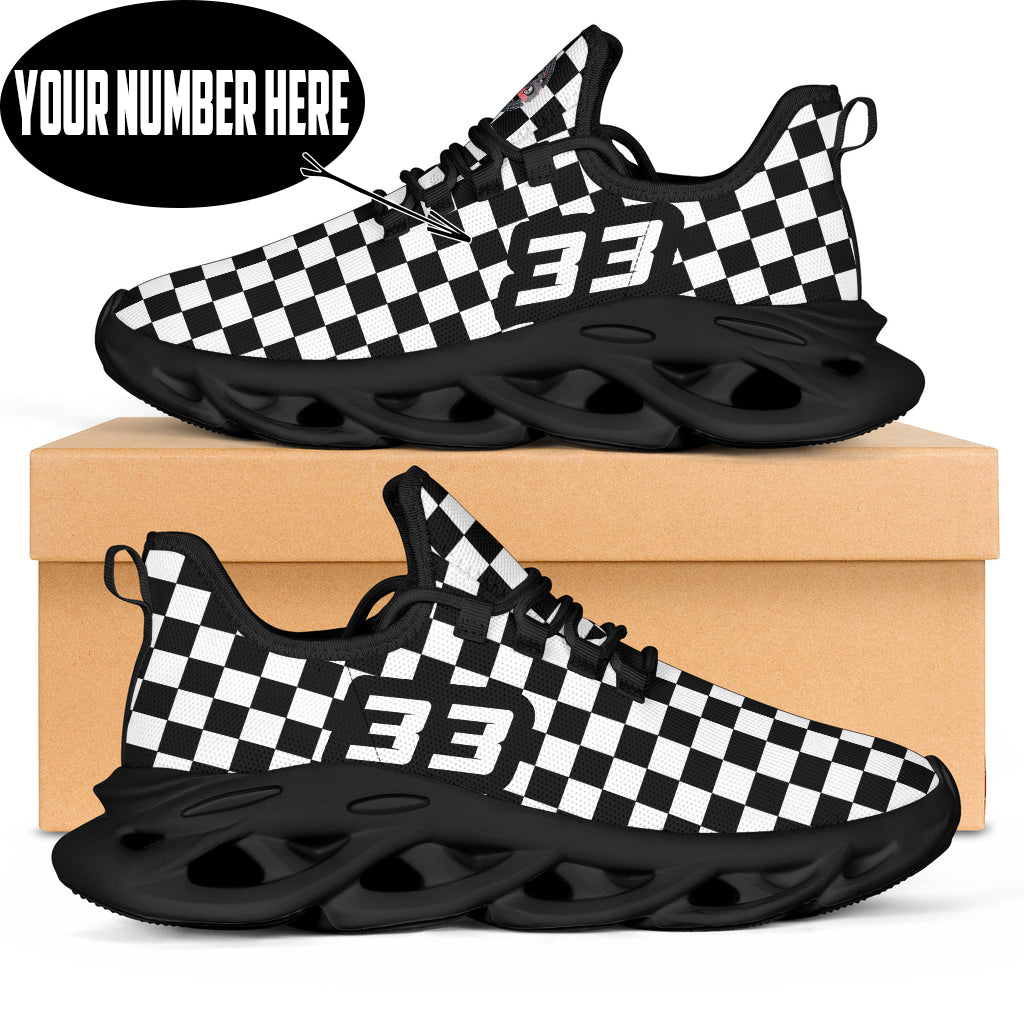 Custom Racing Checkered M-Sole Sneakers in a low top trainer style featuring breathable mesh and high-traction EVA outsoles for motorsports fans.