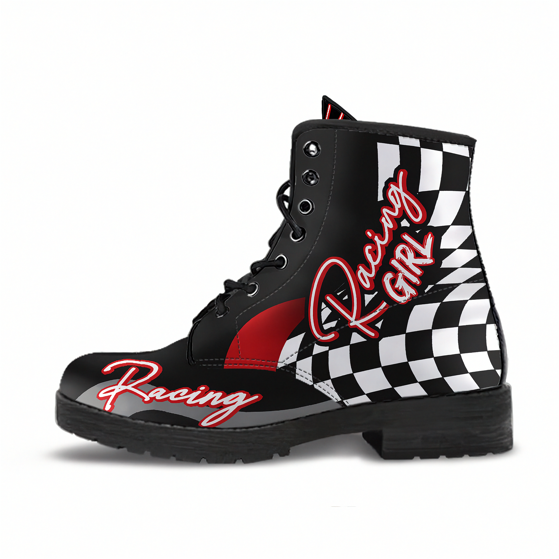 Custom women's racing boots featuring premium vegan leather construction and a bold trackside motorsports design.