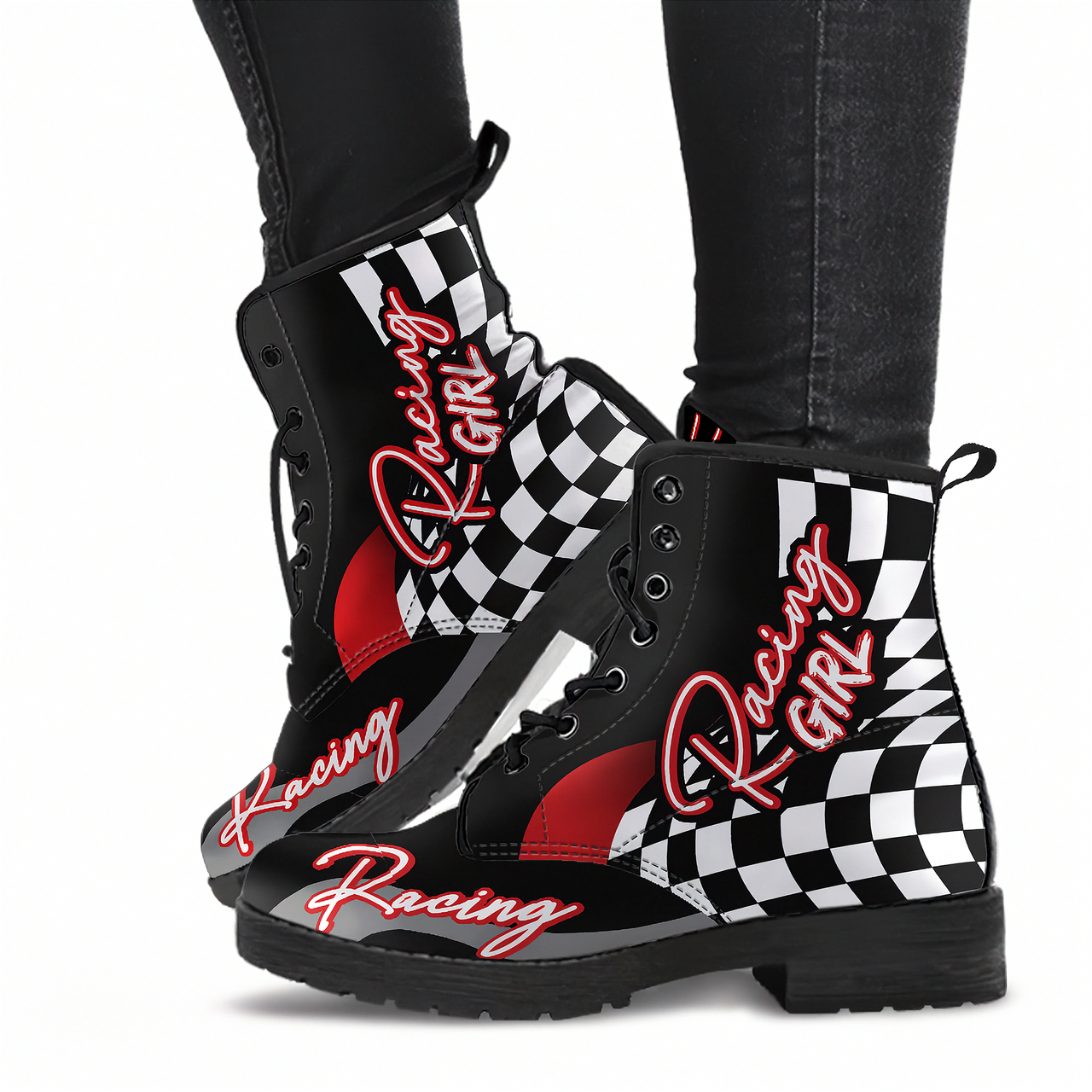 Custom women's racing boots featuring premium vegan leather construction and a bold trackside motorsports design.