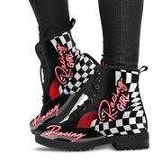 Custom women's racing boots featuring premium vegan leather construction and a bold trackside motorsports design.