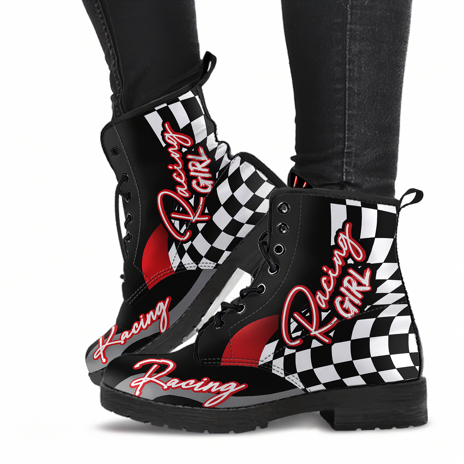 Custom women's racing boots featuring premium vegan leather construction and a bold trackside motorsports design.