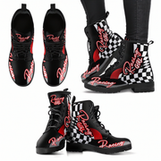 Custom women's racing boots featuring premium vegan leather construction and a bold trackside motorsports design.