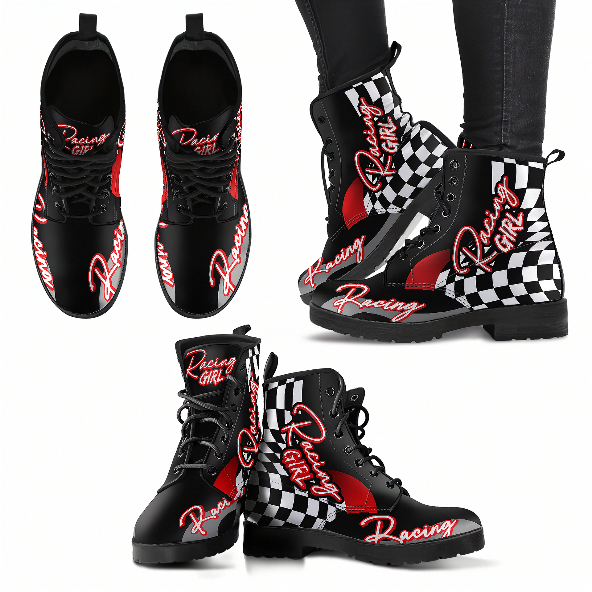 Custom women's racing boots featuring premium vegan leather construction and a bold trackside motorsports design.