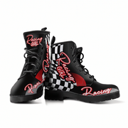 Custom women's racing boots featuring premium vegan leather construction and a bold trackside motorsports design.