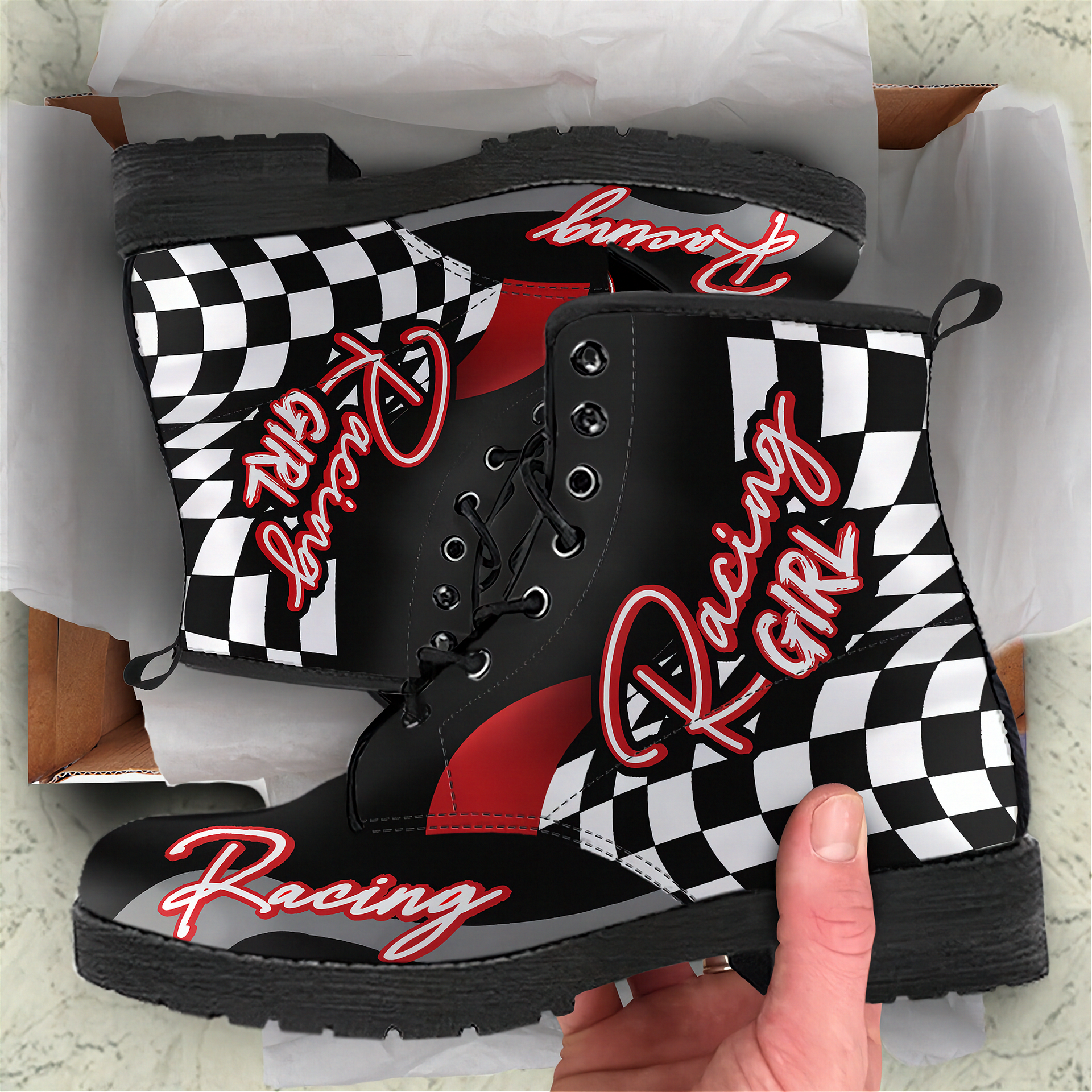 Custom women's racing boots featuring premium vegan leather construction and a bold trackside motorsports design.