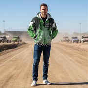 man standing at a dirt race track wearing a custom dirt racing sherpa hoodie