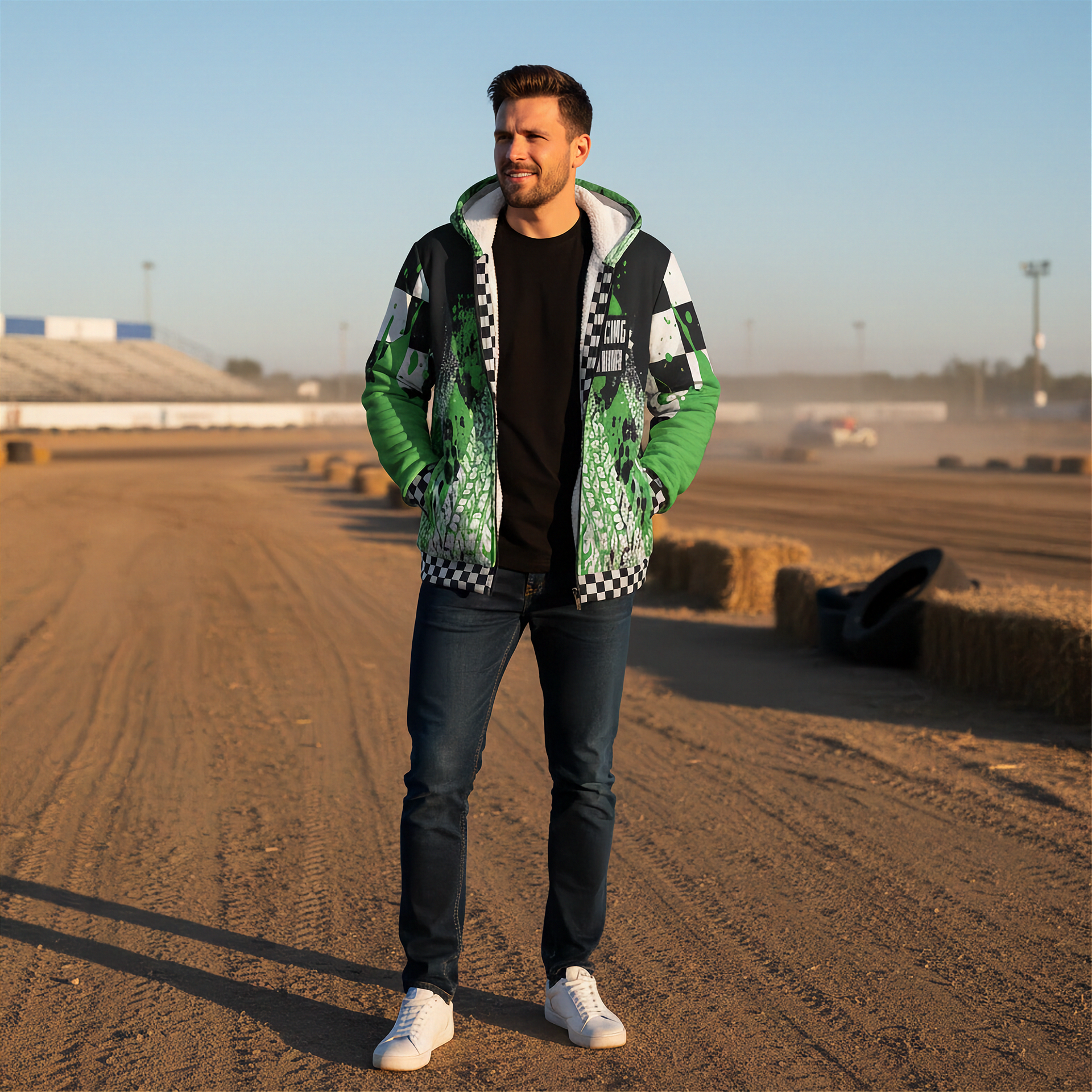 man standing at a dirt race track wearing a custom dirt racing sherpa hoodie
