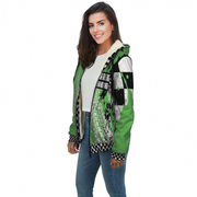 Woman standing and wearing a custom dirt racing sherpa hoodie