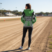 Woman standing at a dirt race track wearing a custom dirt racing sherpa hoodie