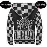 A sleek black sherpa-lined racing jacket displayed on a mannequin, featuring a bold custom racing logo on the chest and a full-length front zipper, isolated against a studio white background.