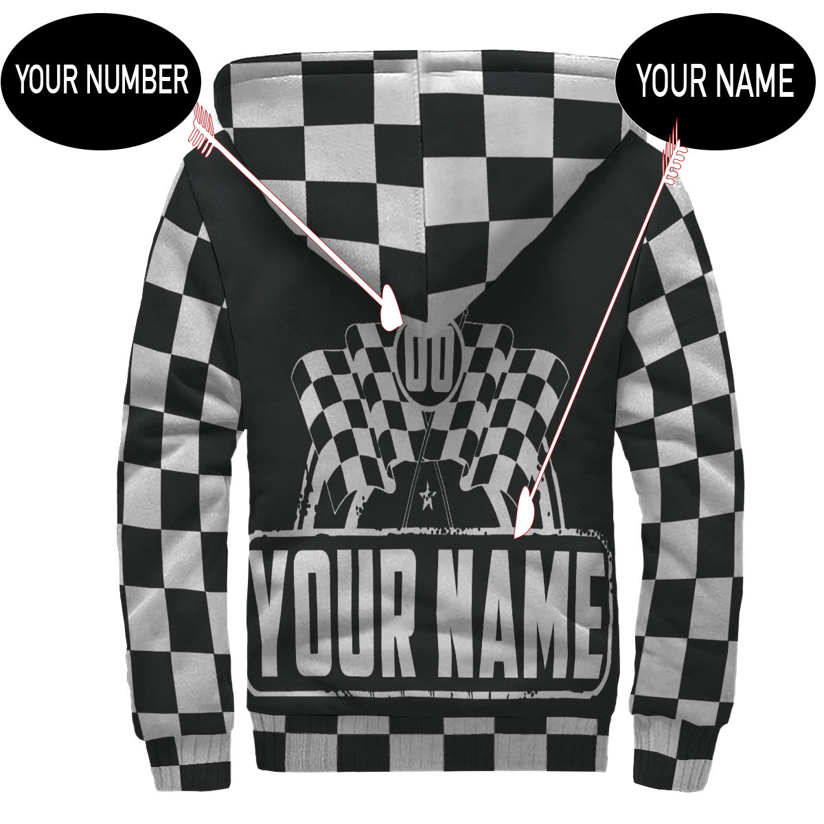 A sleek black sherpa-lined racing jacket displayed on a mannequin, featuring a bold custom racing logo on the chest and a full-length front zipper, isolated against a studio white background.