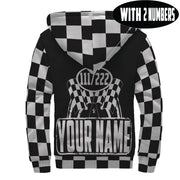 A sleek black sherpa-lined racing jacket displayed on a mannequin, featuring a bold custom racing logo on the chest and a full-length front zipper, isolated against a studio white background.