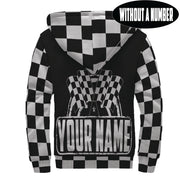 A sleek black sherpa-lined racing jacket displayed on a mannequin, featuring a bold custom racing logo on the chest and a full-length front zipper, isolated against a studio white background.
