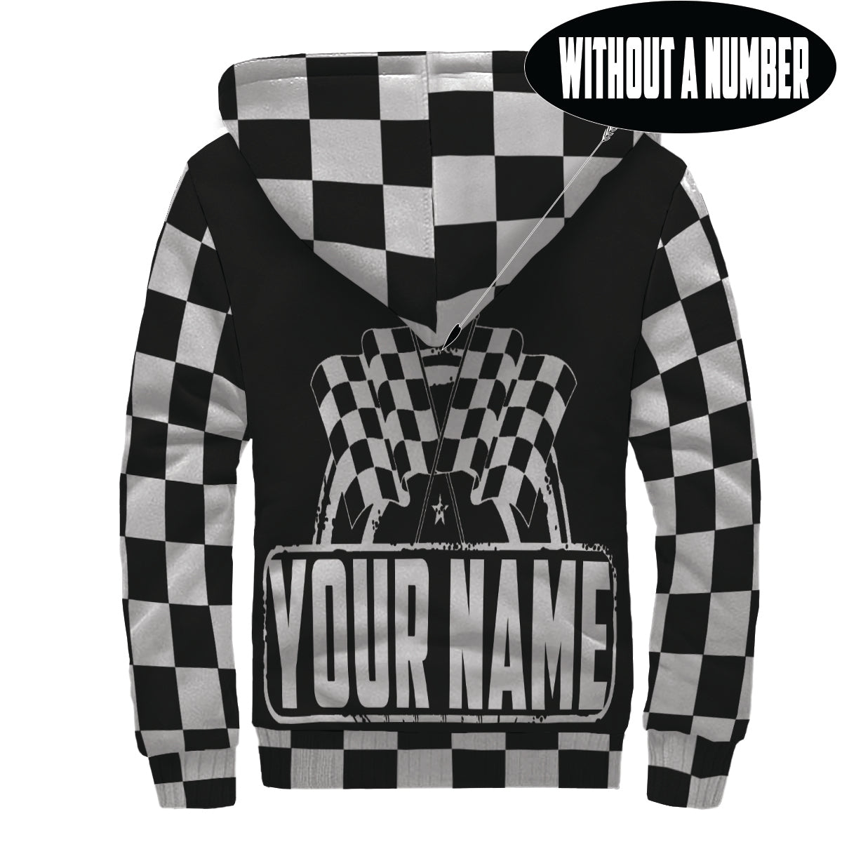 A sleek black sherpa-lined racing jacket displayed on a mannequin, featuring a bold custom racing logo on the chest and a full-length front zipper, isolated against a studio white background.