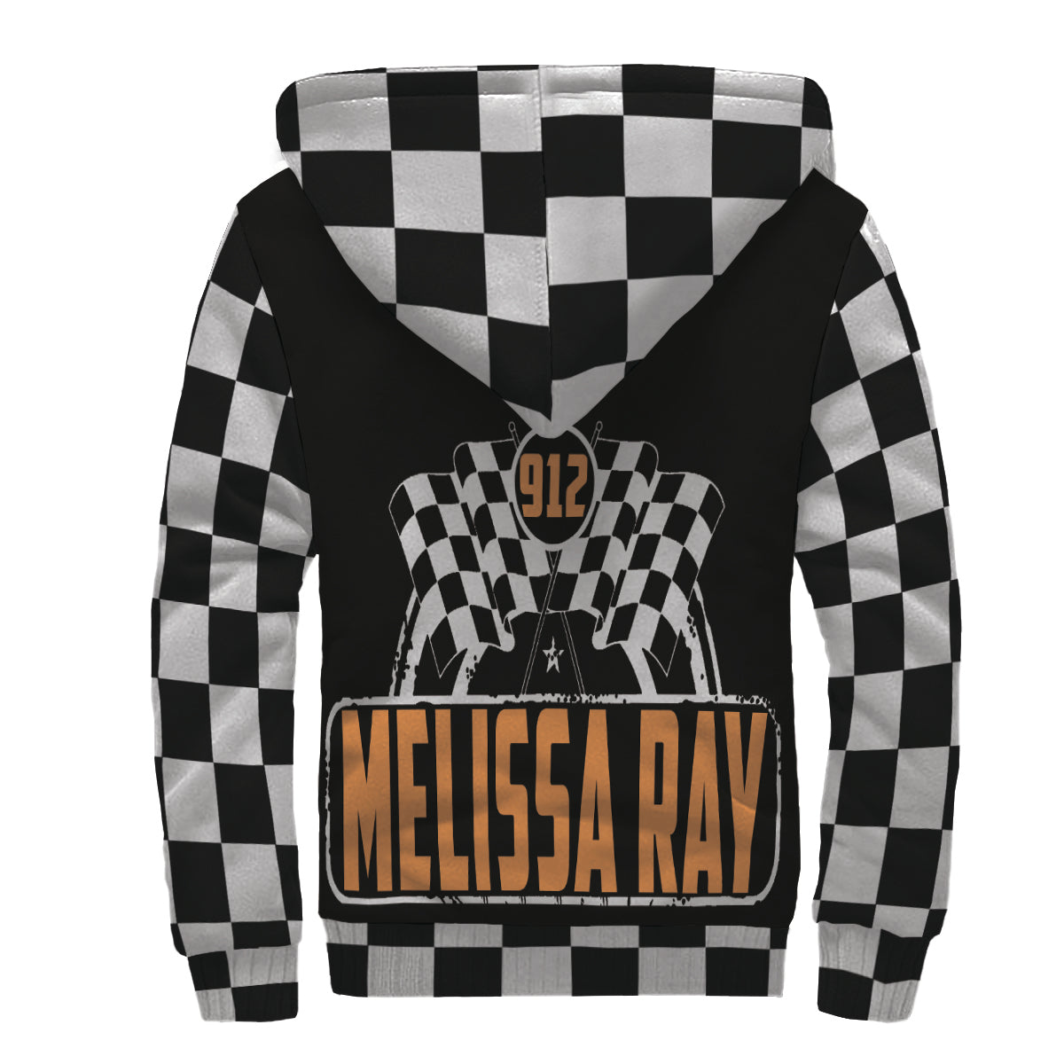 A sleek black sherpa-lined racing jacket displayed on a mannequin, featuring a bold custom racing logo on the chest and a full-length front zipper, isolated against a studio white background.