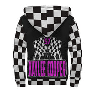 A sleek black sherpa-lined racing jacket displayed on a mannequin, featuring a bold custom racing logo on the chest and a full-length front zipper, isolated against a studio white background.
