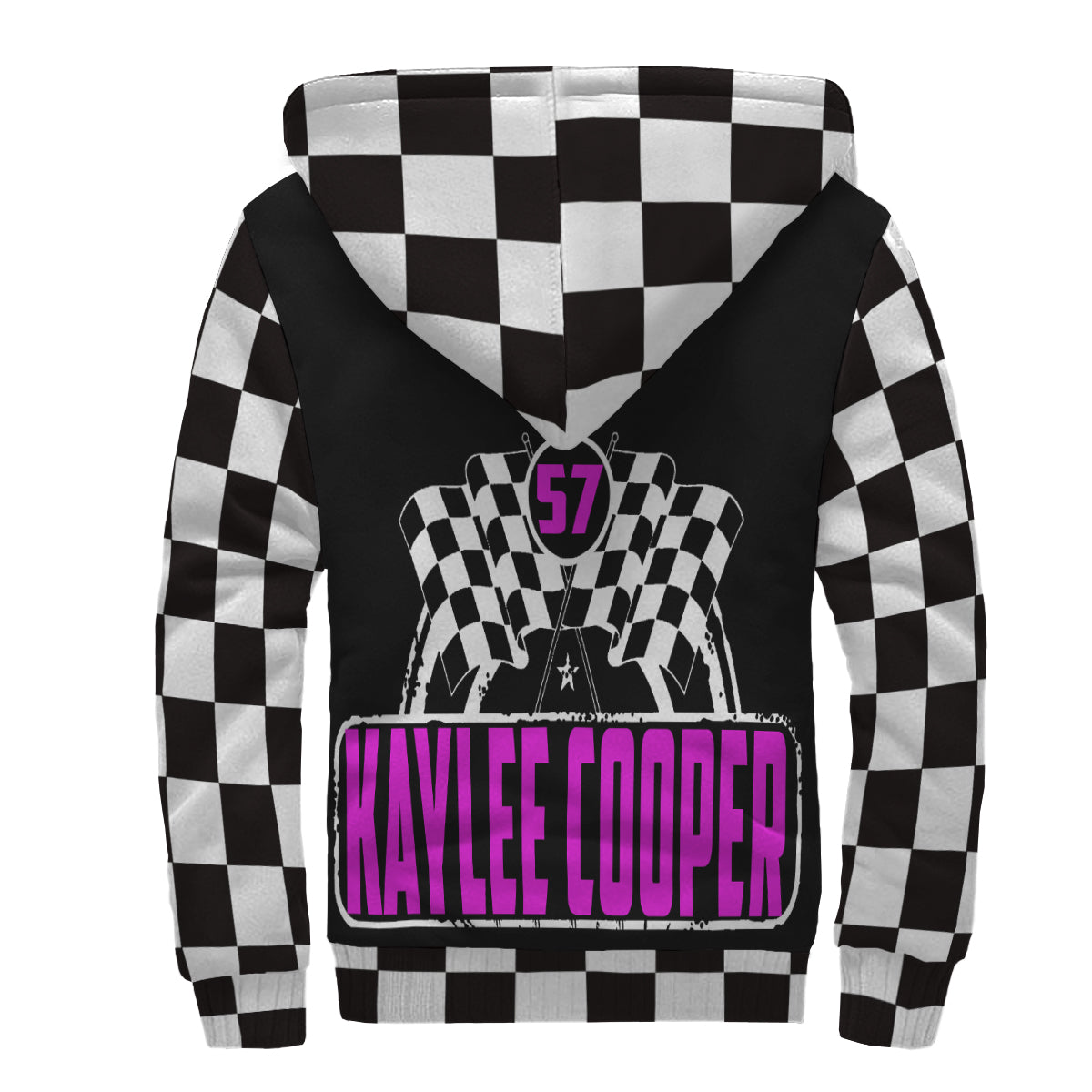A sleek black sherpa-lined racing jacket displayed on a mannequin, featuring a bold custom racing logo on the chest and a full-length front zipper, isolated against a studio white background.