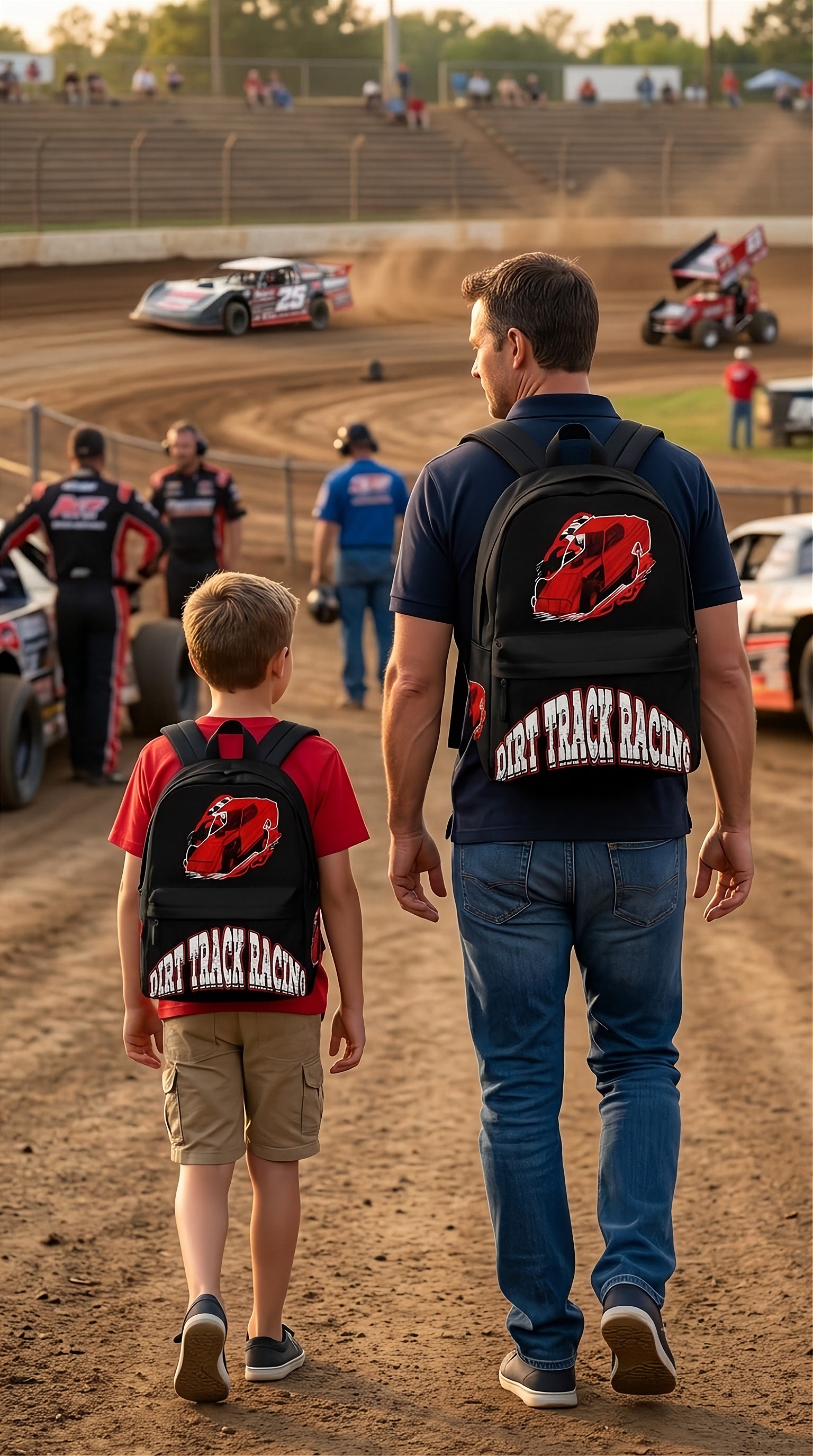 A vibrant red custom racing backpack featuring an aggressive graphic of a boxy, open-wheel dirt modified race car drifting through a corner, equipped with thick padded black ergonomic straps and a front zippered utility pouch, isolated on a stark white background.