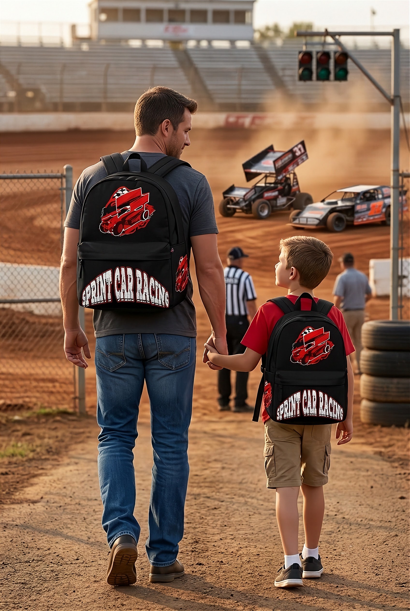 A striking red custom racing backpack displaying a high-action graphic of a winged sprint car, equipped with thick padded black ergonomic shoulder straps and a front zippered utility pocket, isolated on a stark white background.