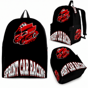 A dedicated racing fan wearing a bright red sprint car backpack, walking down a dusty dirt track midway past a row of brightly colored souvenir trailers on a warm summer afternoon.