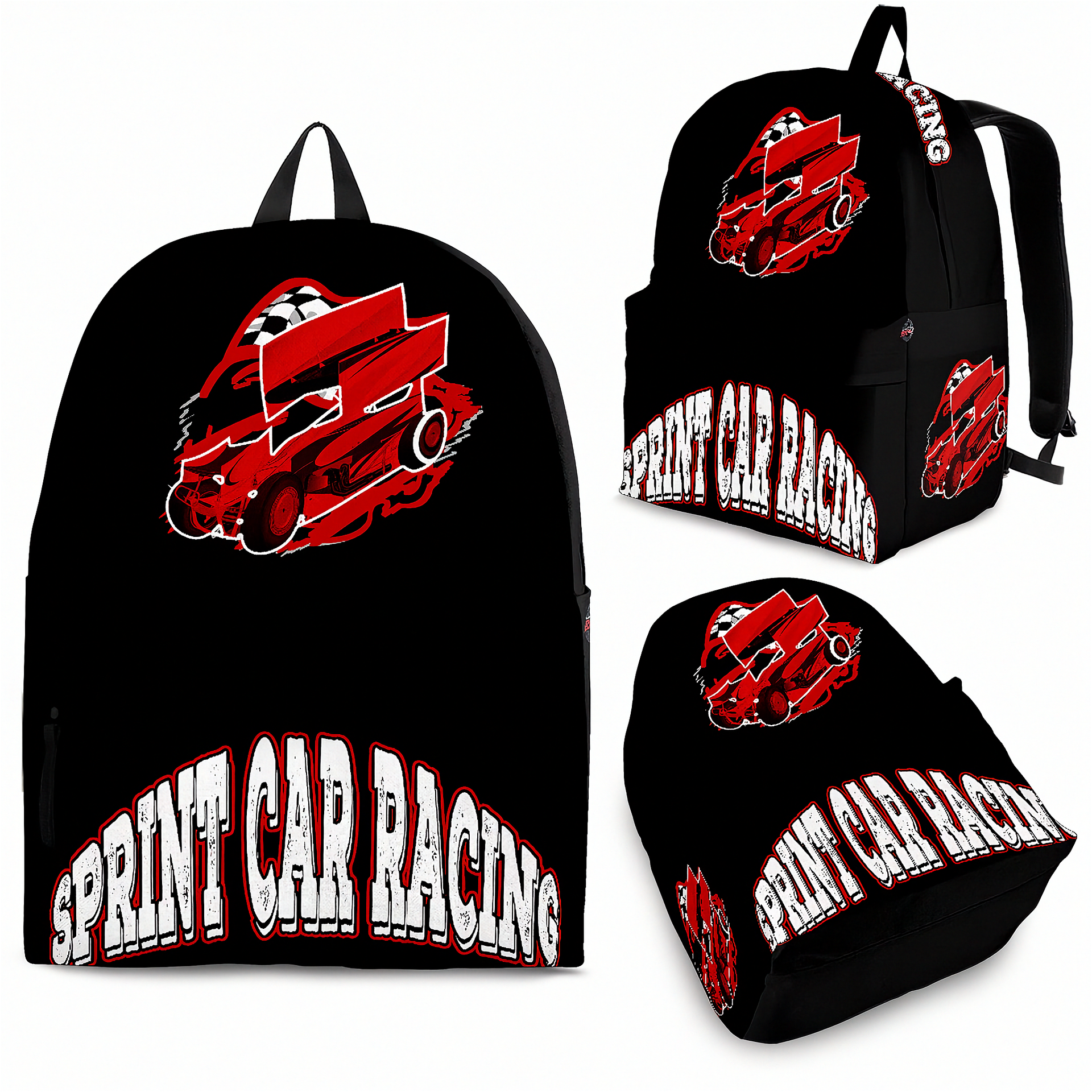 A dedicated racing fan wearing a bright red sprint car backpack, walking down a dusty dirt track midway past a row of brightly colored souvenir trailers on a warm summer afternoon.