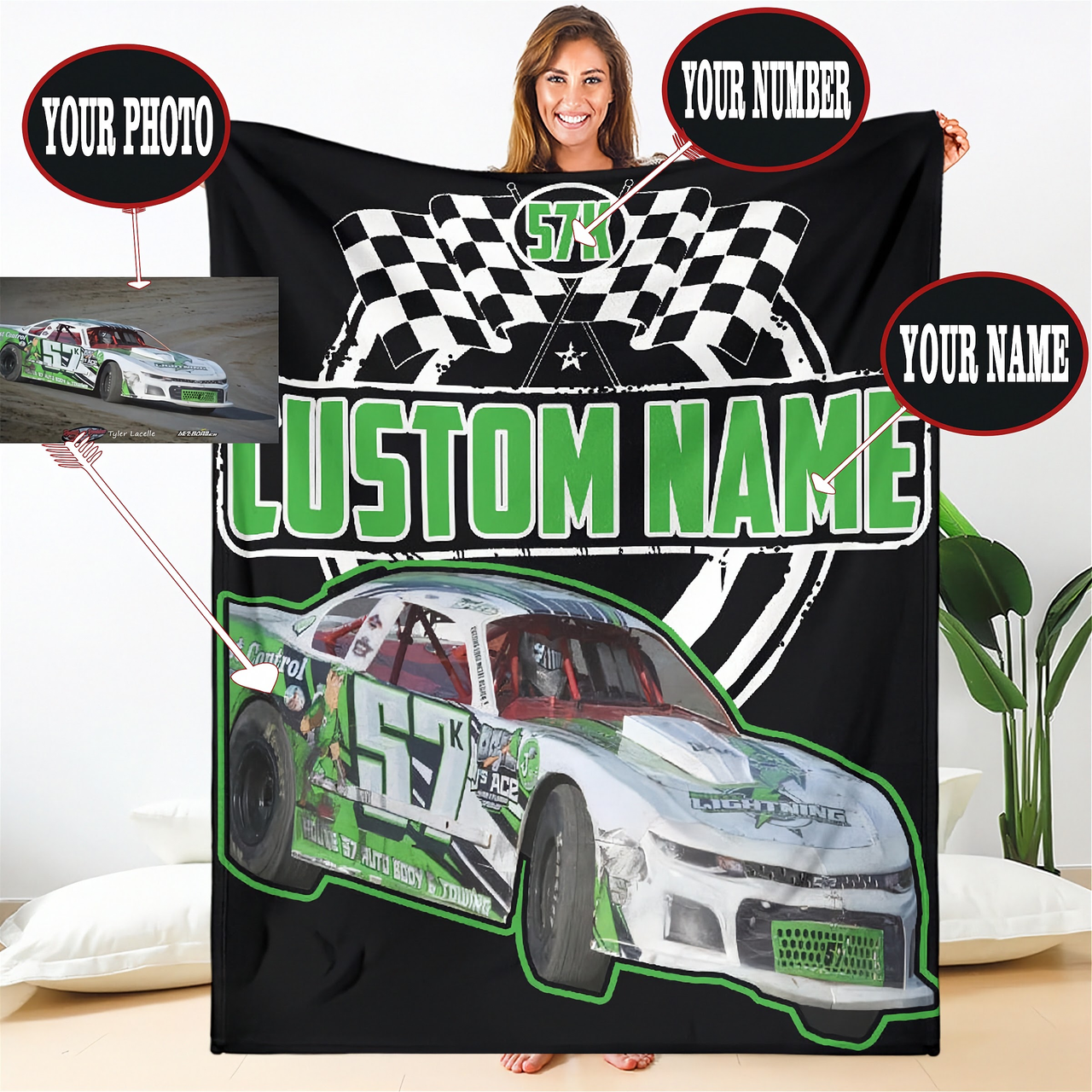 Person holding a customizable racing-themed blanket with placeholders for photo, number, name, and race car design.