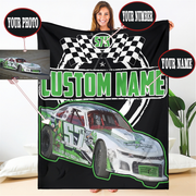 Person holding a customizable racing-themed blanket with placeholders for photo, number, name, and race car design.
