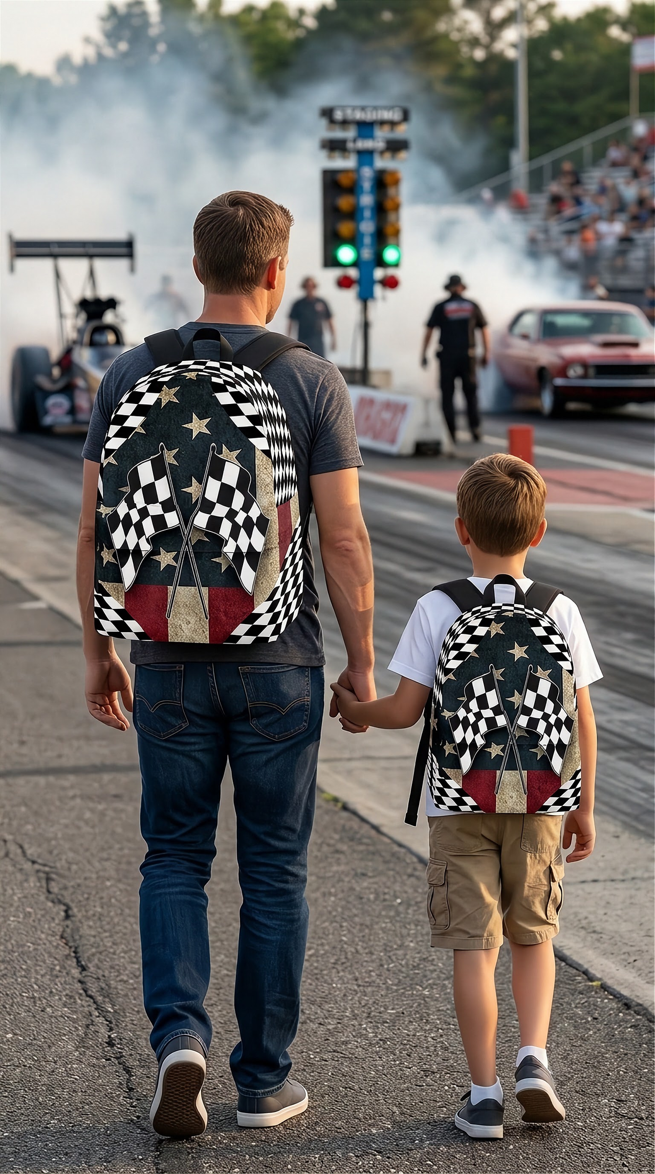 A durable custom racing backpack displaying a striking fusion of the American stars and stripes alongside a classic black and white finish line flag, equipped with padded black straps and a front zipper pouch on a solid white background.