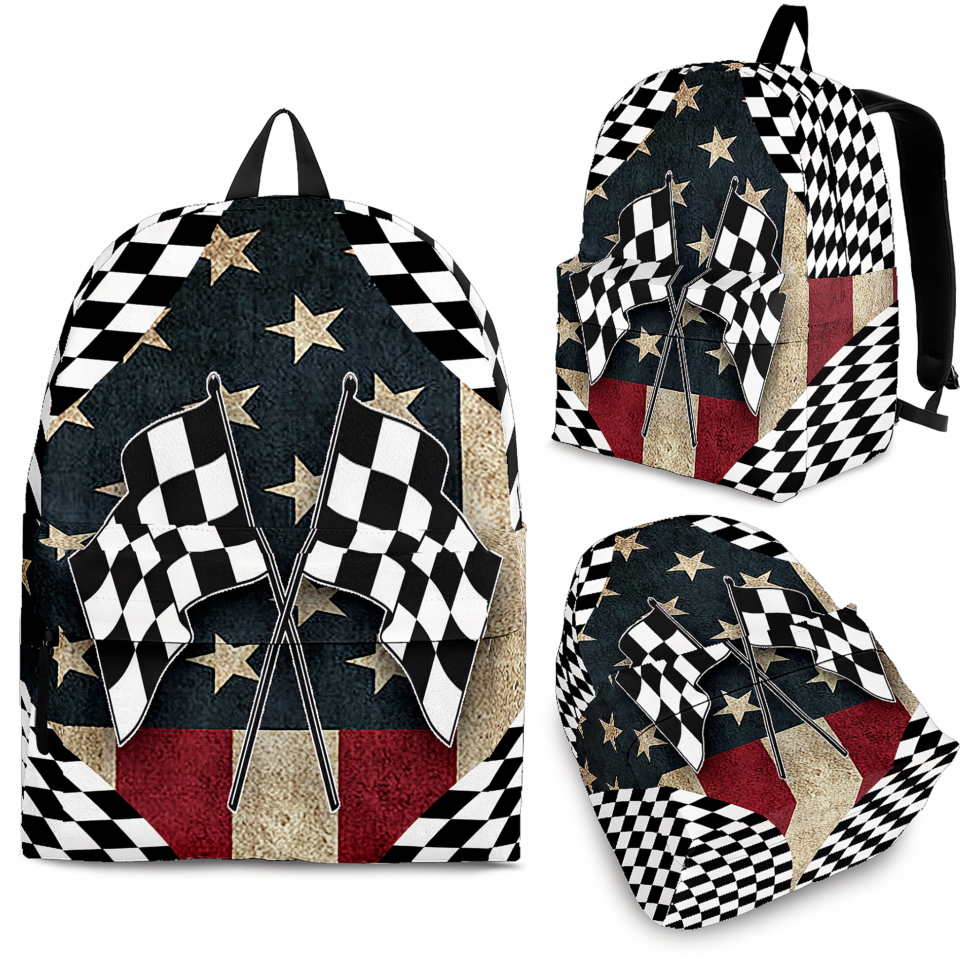 A racing fan carrying a patriotic USA checkered flag backpack walking past the ticket gates of a sprawling outdoor American speedway on a bright, sunny afternoon.