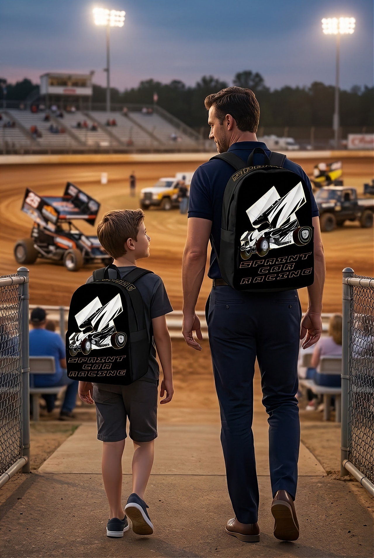 A custom racing backpack displaying an aggressive, high-action graphic of a winged sprint car slinging dirt on a clay oval, featuring heavy-duty black zippers, thick padded ergonomic straps, and a front organizational pouch isolated on a stark white background.