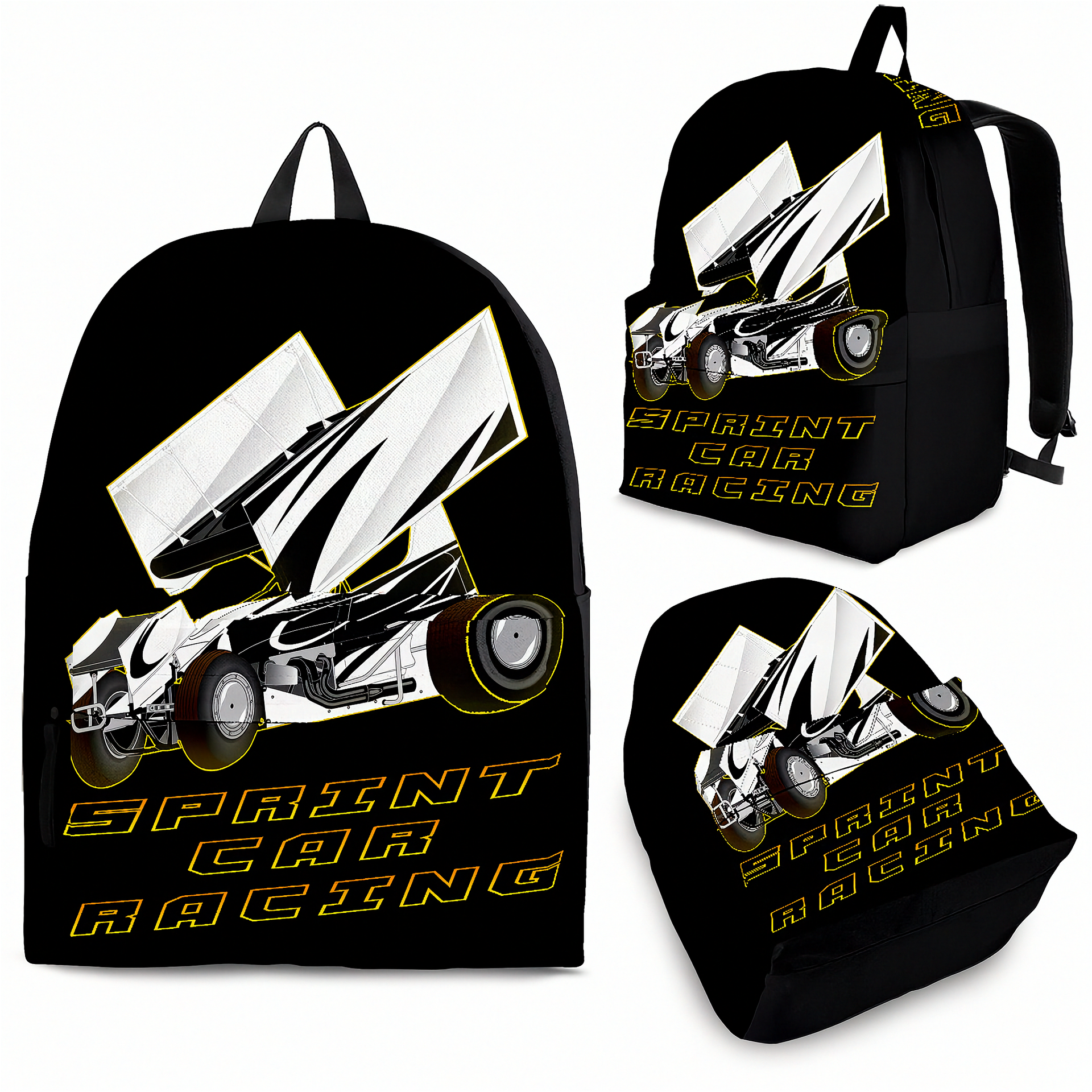 A passionate motorsport fan wearing a custom sprint car racing backpack, walking toward the busy pit gate of a local dirt track oval on a bright, sunny summer evening.