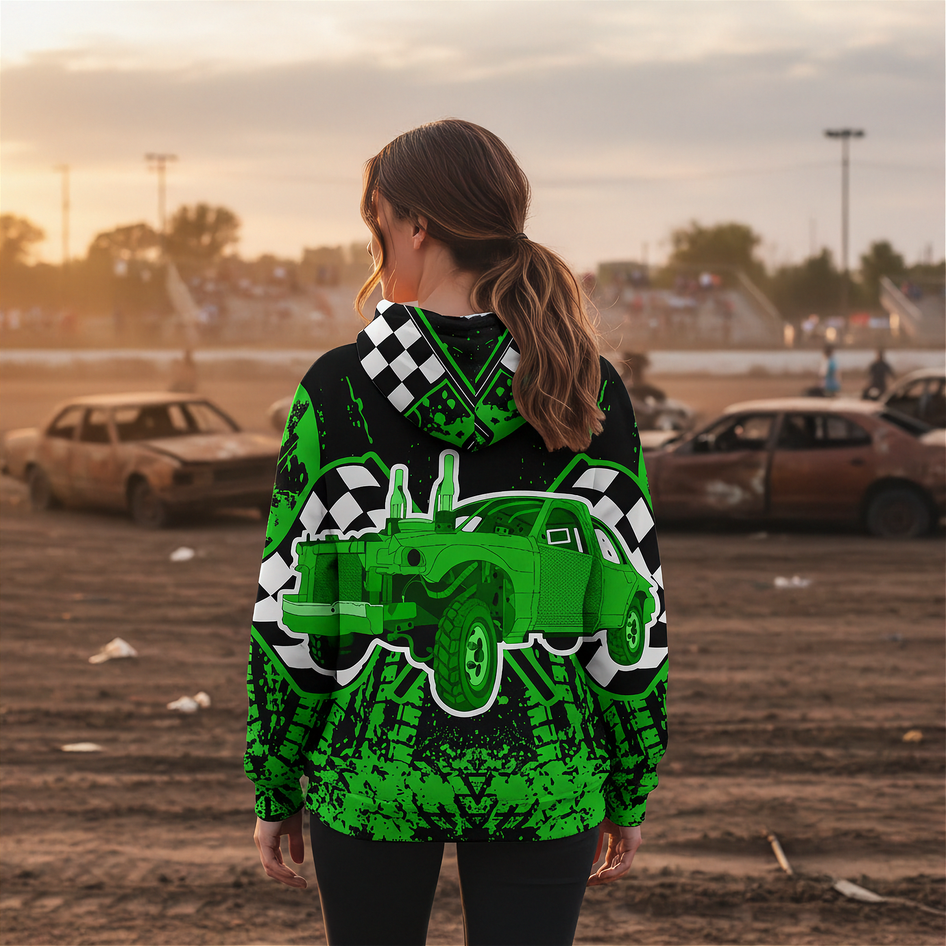 Woman on a demolition derby track with cars in the front wearing a checkered flag derby hoodie