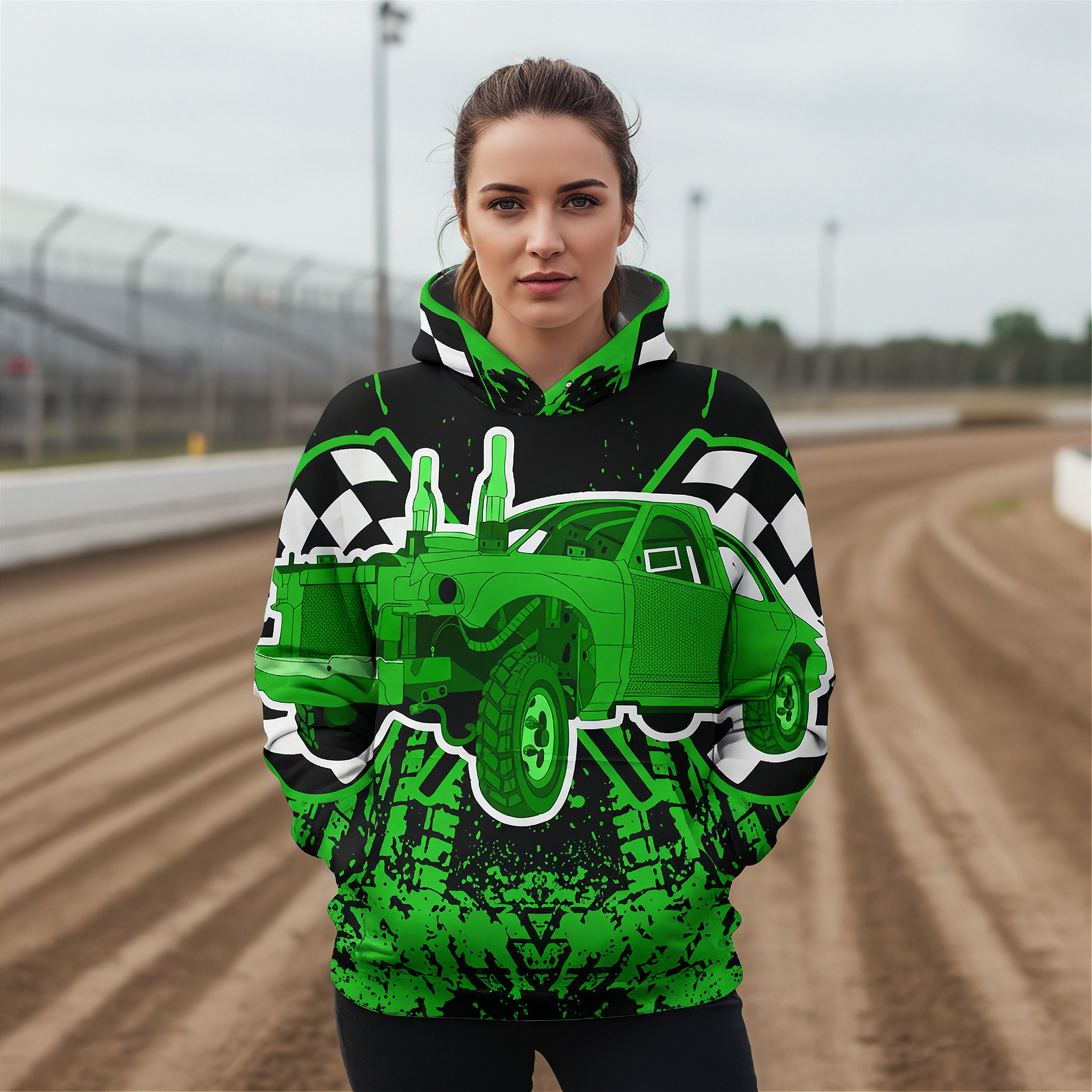 Woman on a demolition derby track wearing a checkered flag derby hoodie