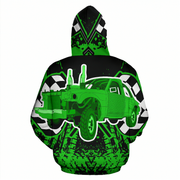 Green and black hoodie with a large graphic of a green truck on the back, on a white background.