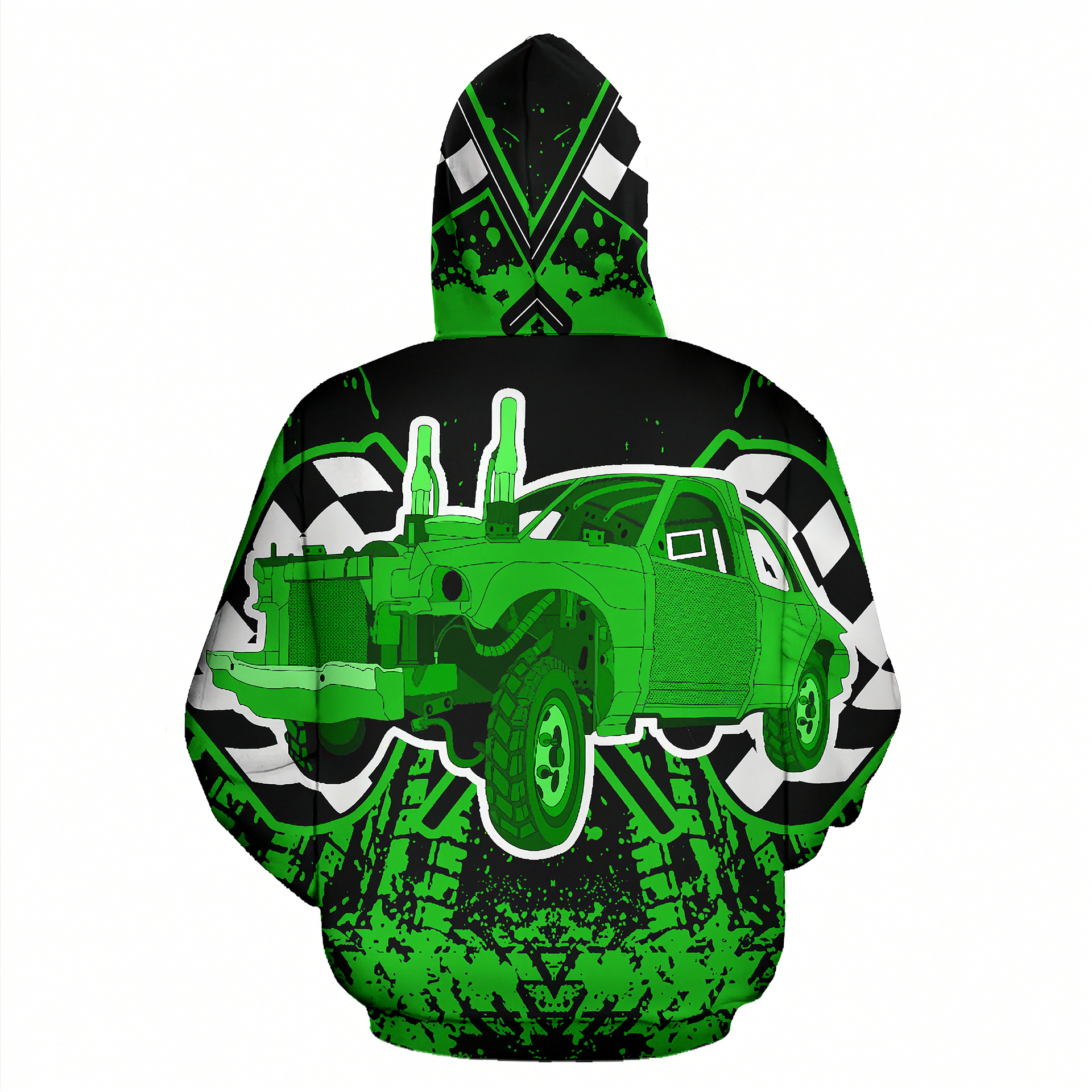 Green and black hoodie with a large graphic of a green truck on the back, on a white background.