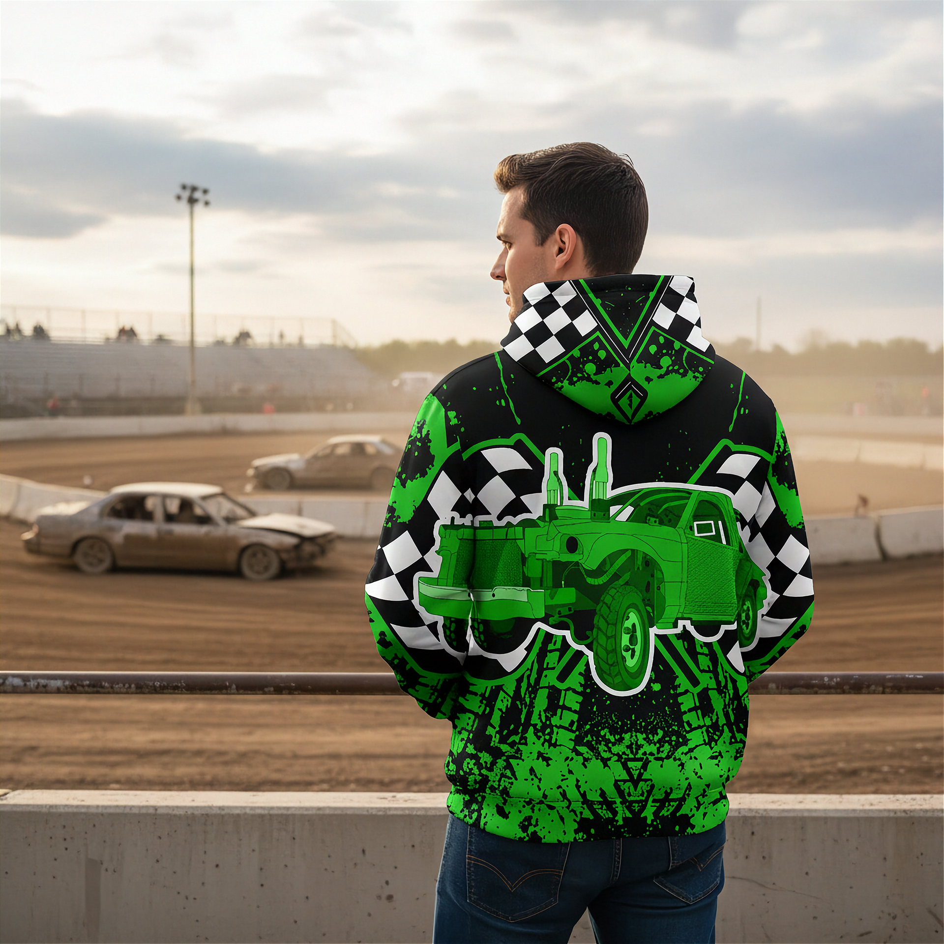 man wearing a green and black demolition derby hoodie with a car design on a race track.
