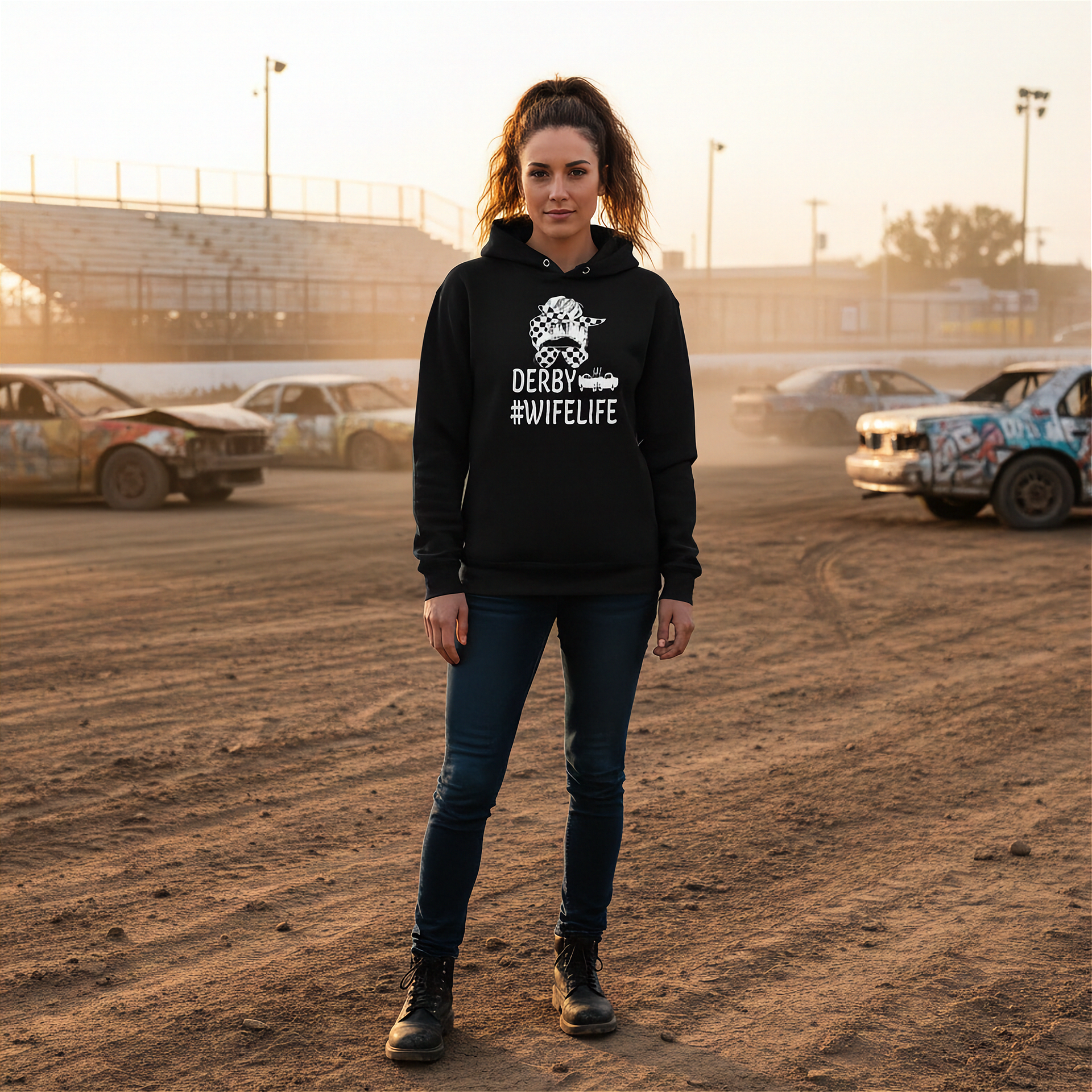 Funny women's demolition derby apparel featuring the quote Demolition Derby Wife Life for wives of drivers, crash arena fans, and mud track racing enthusiasts.