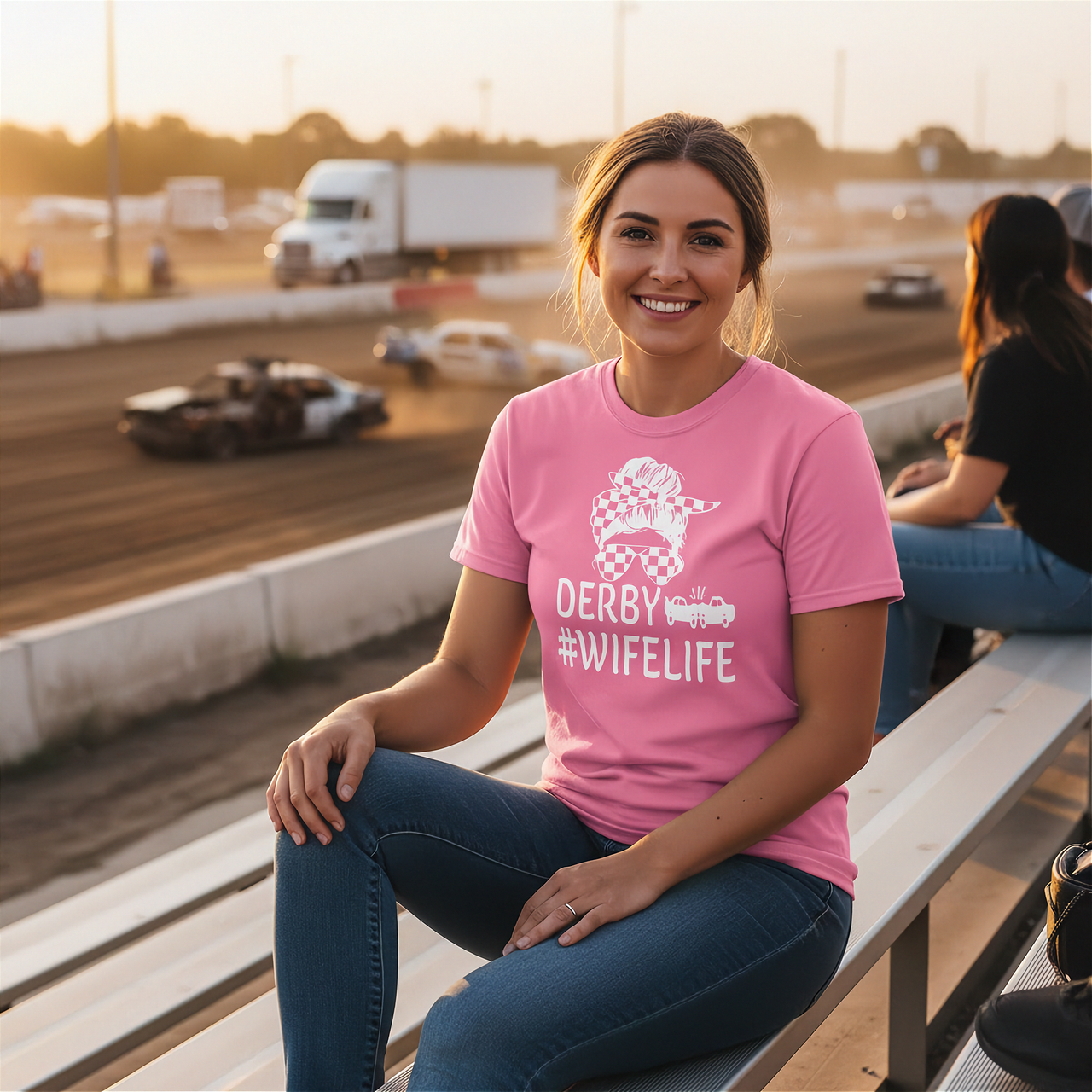 Funny women's demolition derby apparel featuring the quote Demolition Derby Wife Life for wives of drivers, crash arena fans, and mud track racing enthusiasts.