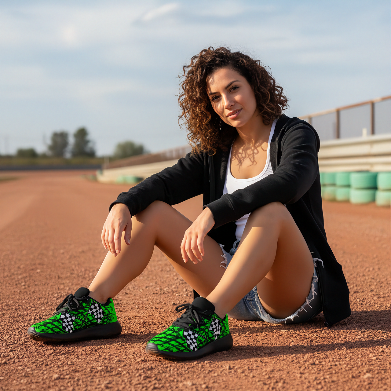 Woman sitting on a track wearing green checkered shoes